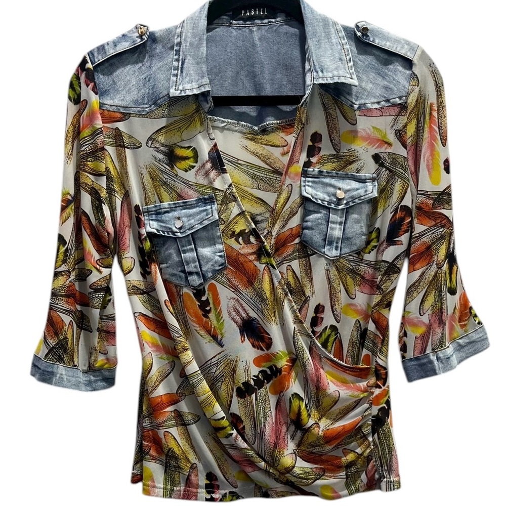 Pastels Clothing Multicolor Feather Blouse with Denim Details Small